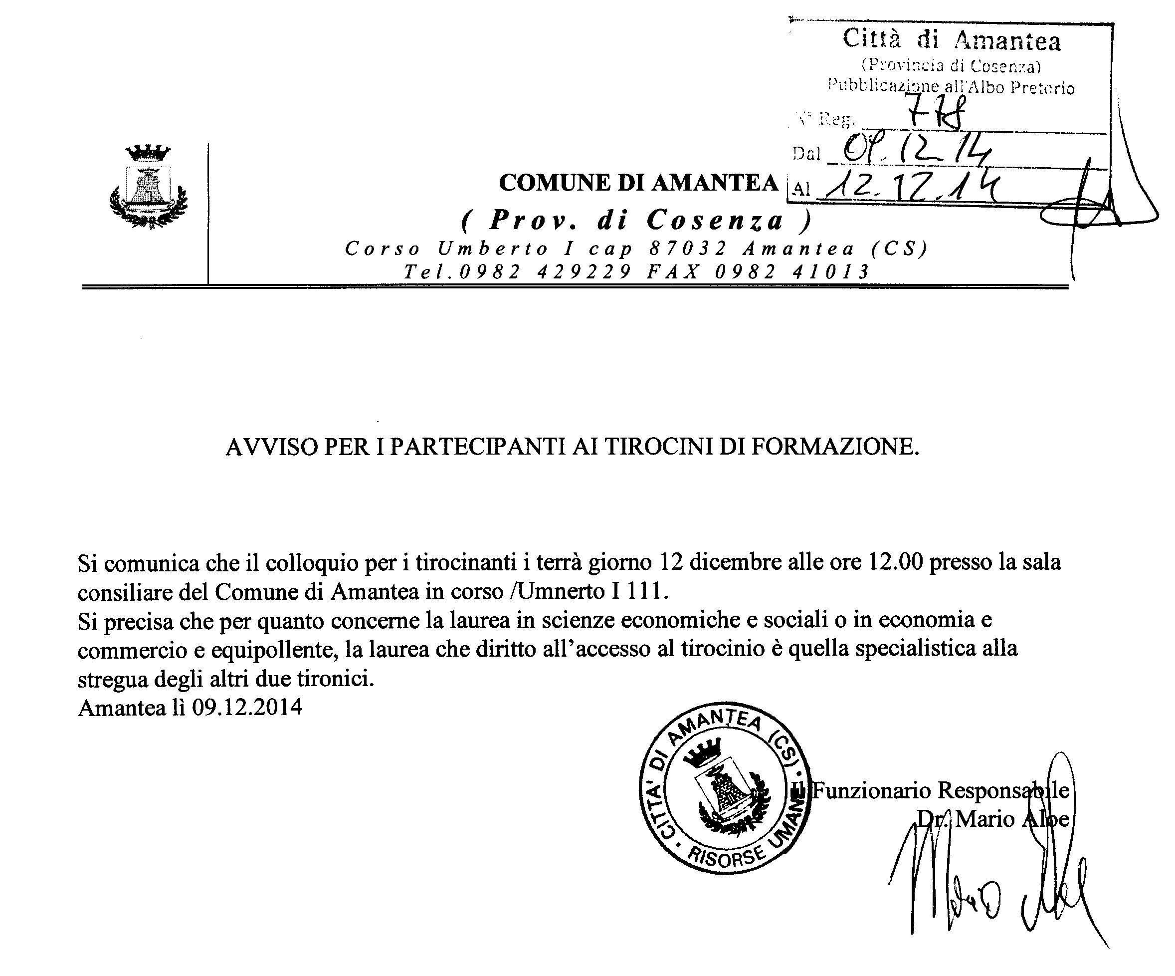 AVVISO PARTECIPANTI AI TIROCINI DI FORMAZIONE