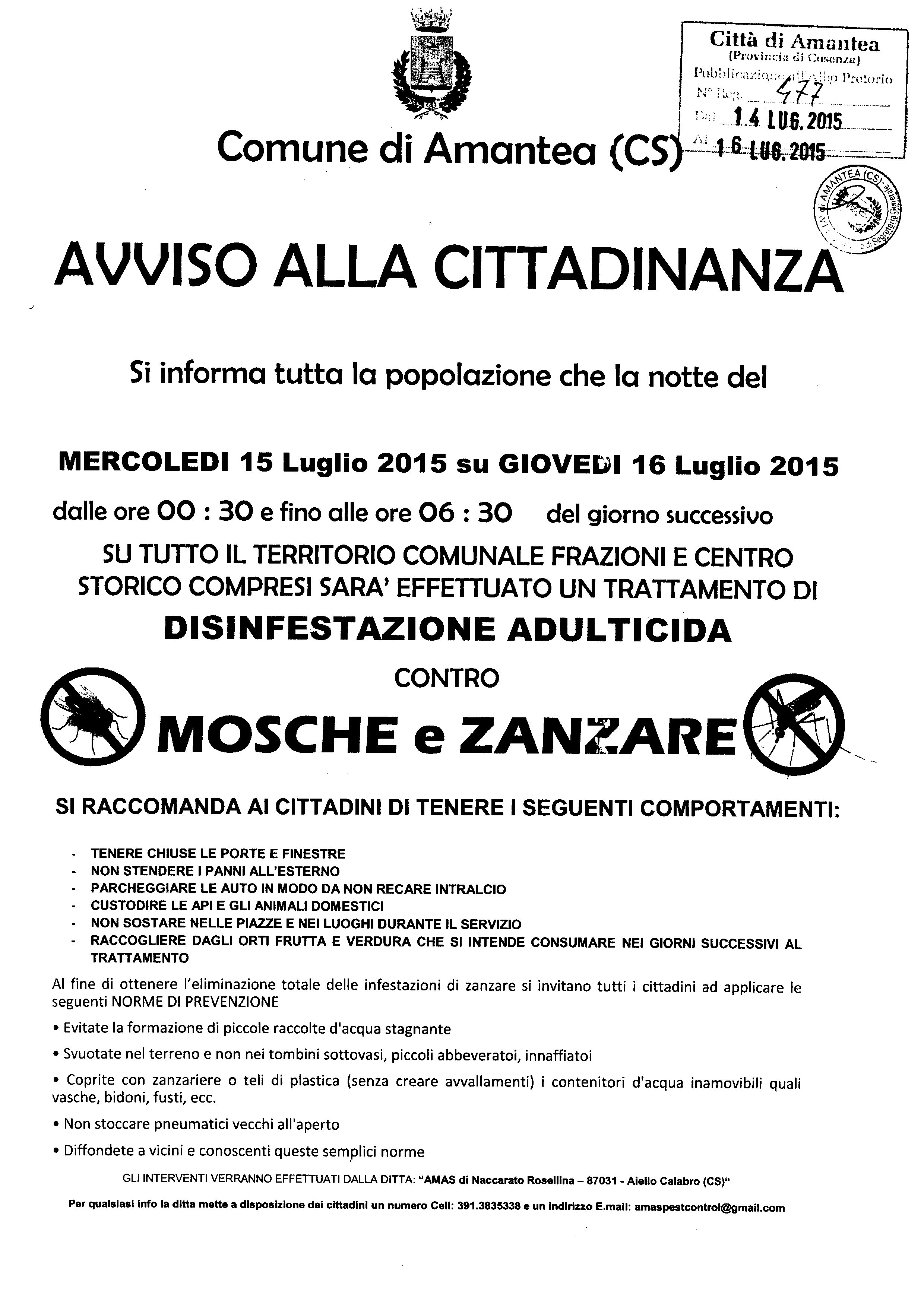 DISINFESTAZIONE – AVVISO ALLA CITTADINANZA