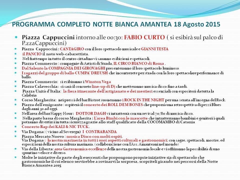 Programma Notte Bianca Amantea 18 agosto 2015