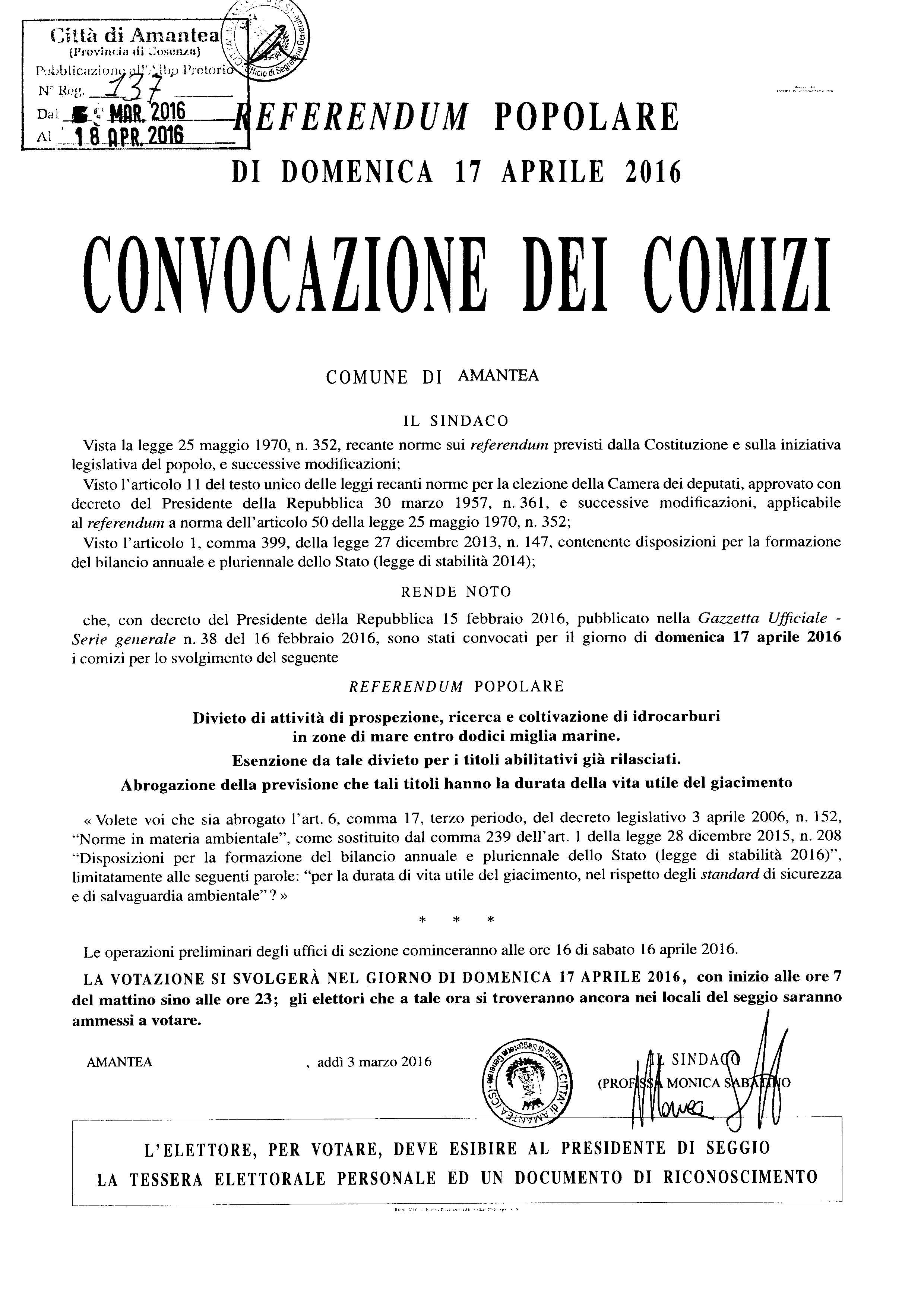 Referendum Popolare del 17 Aprile 2016 – Convocazione dei Comizi