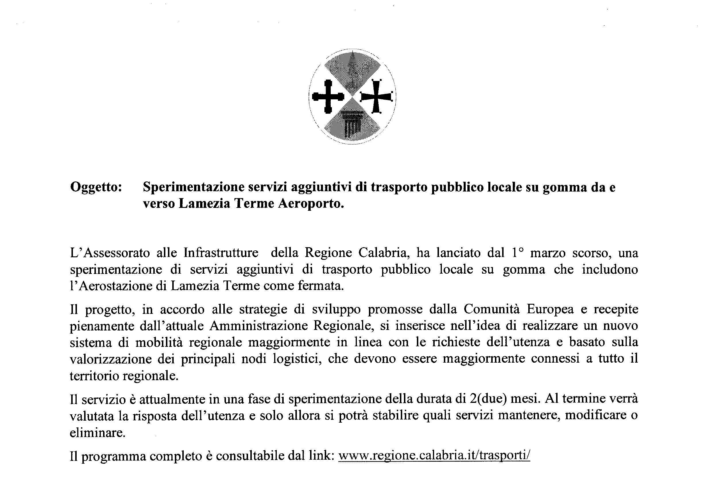 Sperimentazione servizi aggiuntivi di trasporto pubblico locale su gomma da e verso Lamezia Terme Aeroporto