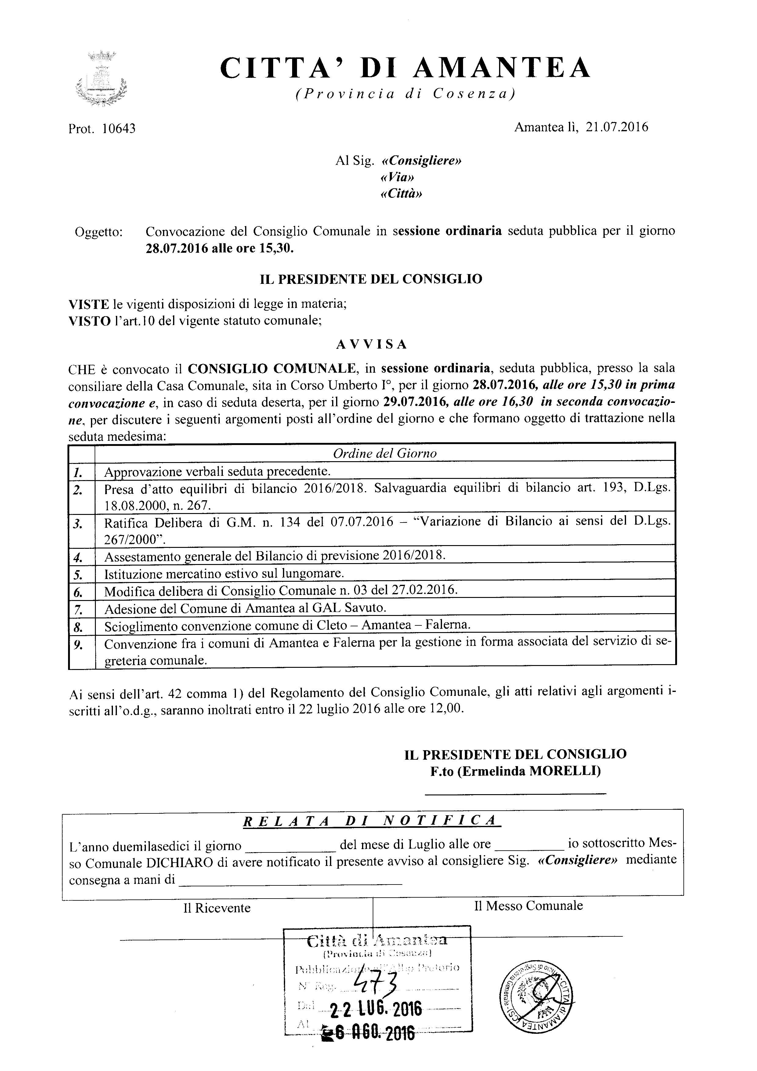 Convocazione Consiglio Comunale gg. 28.07.2016 ore 15,30