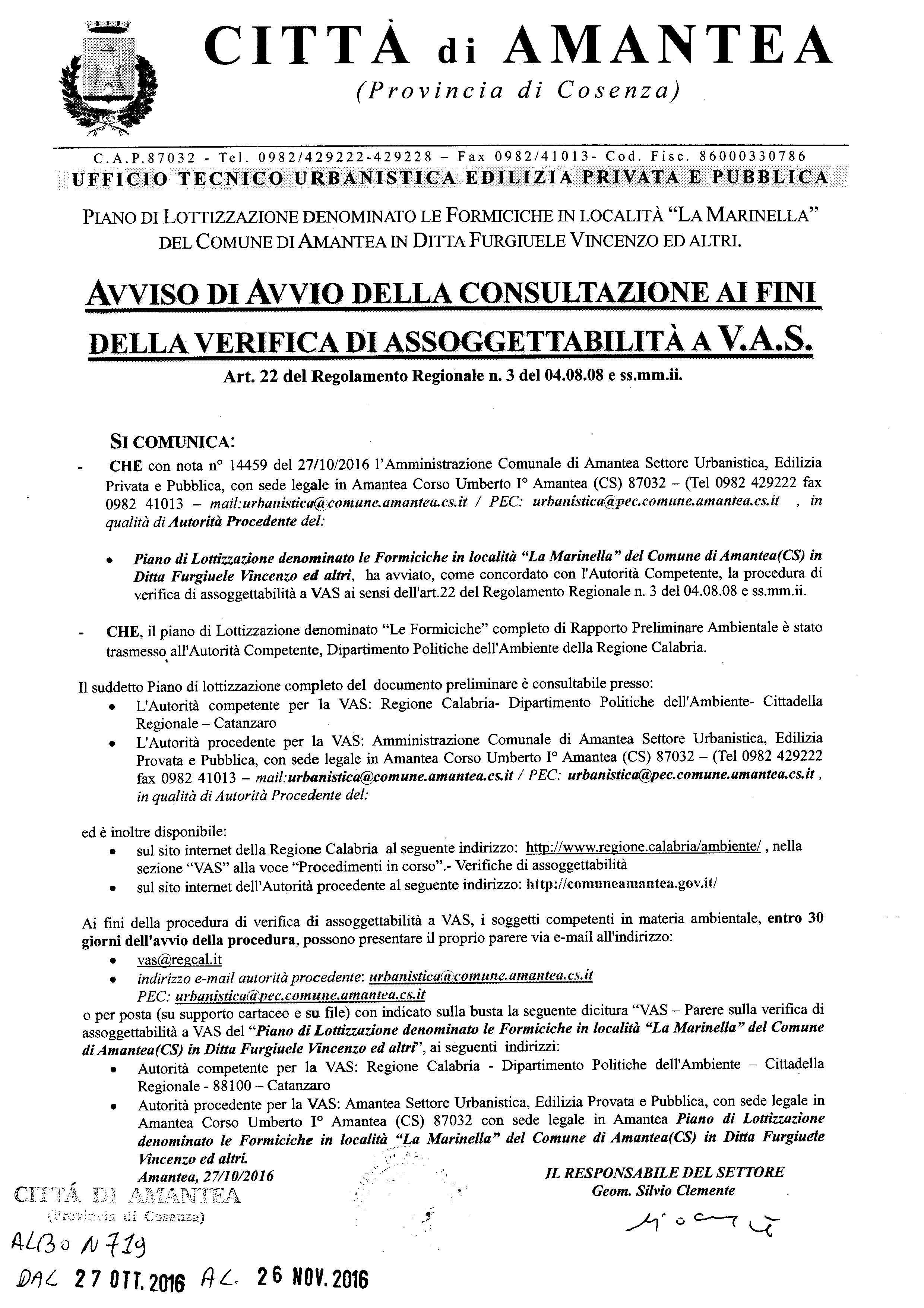Piano di lottizzazione denominato “Le Formiciche” in Località La Marinella. Avvio della consultazione ai fini della verifica di assoggettabilità a V.A.S.