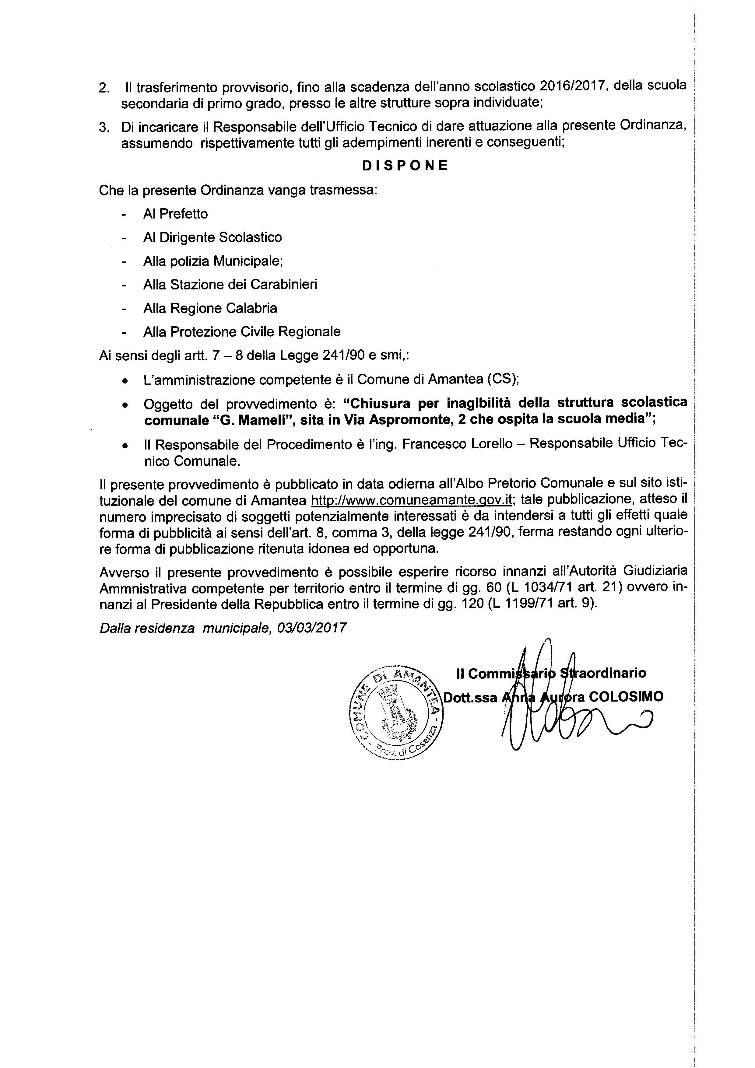 Ordinanza n°12 – Chiusura per inagibilità della struttura scolastica comunale “G. Mameli” sita in Via Aspromonte n°2 che ospita la Scuola Media