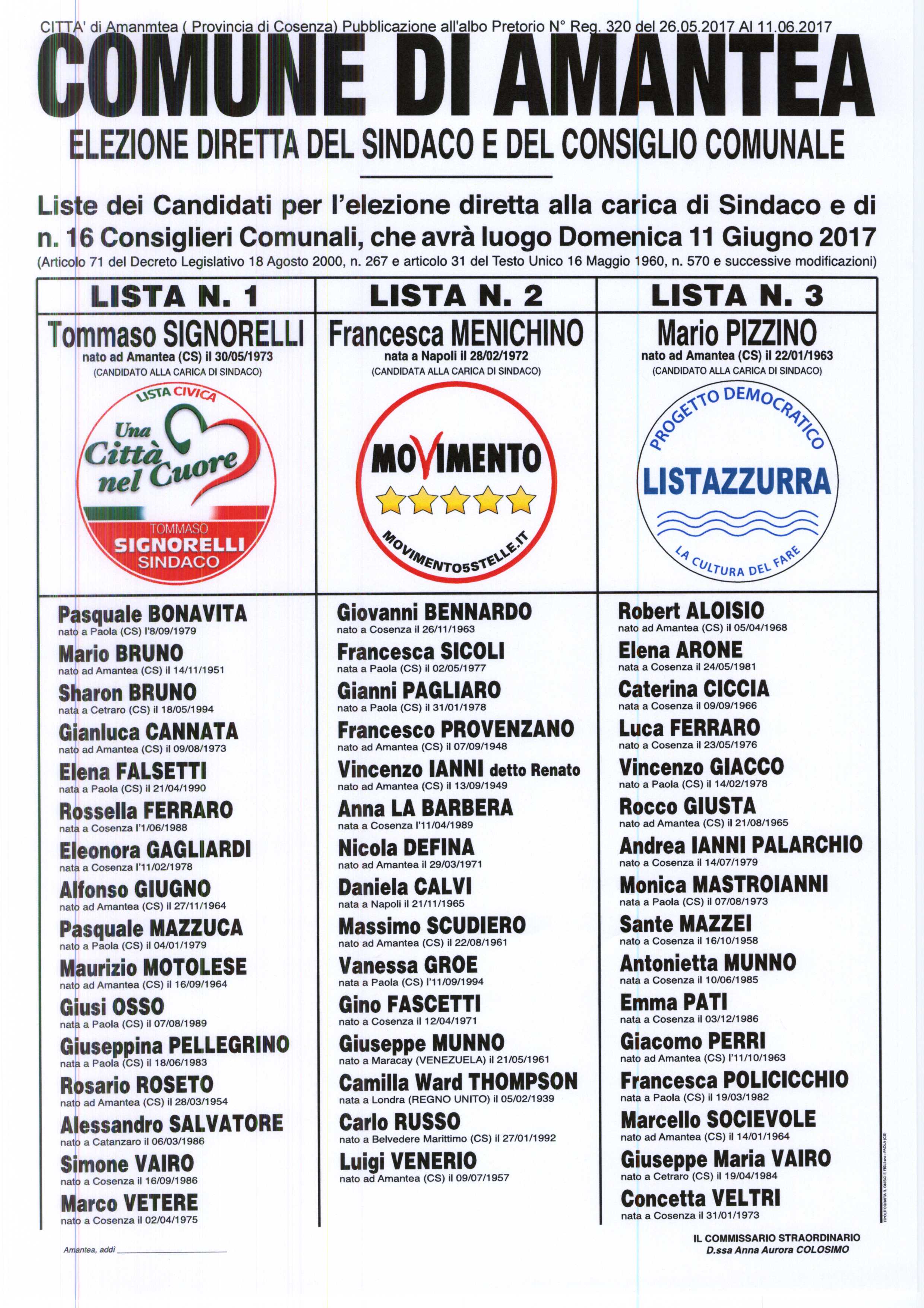 Elezioni Amministrative dell’11 giugno 2017. Liste dei Candidati per l’elezione diretta del Sindaco e di n°16 Consiglieri Comunali