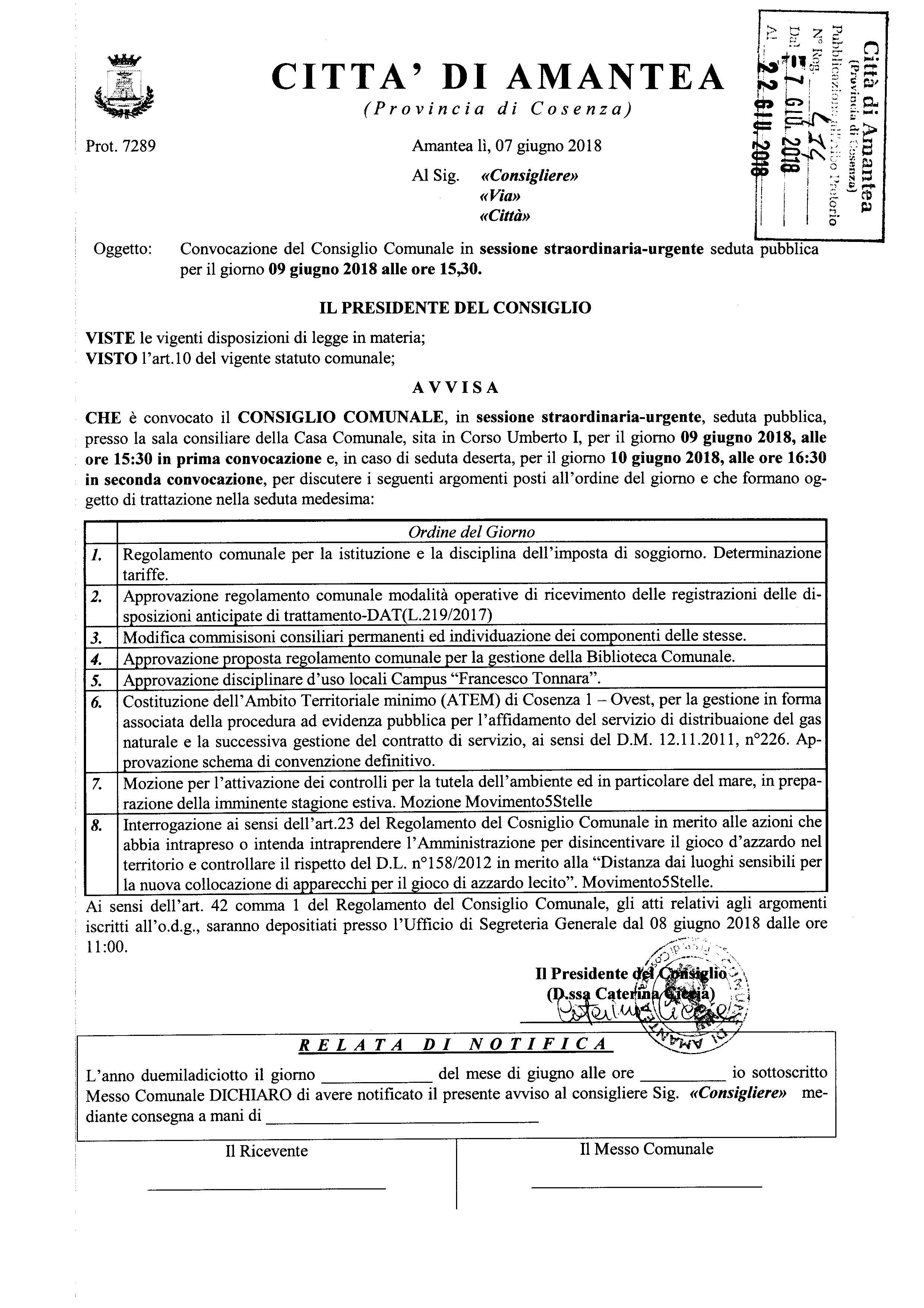 Convocazione Consiglio Comunale sessione straordinaria-urgente gg. 09.06.2018 ore 15:30 – Sala Consiliare del Comune di Amantea