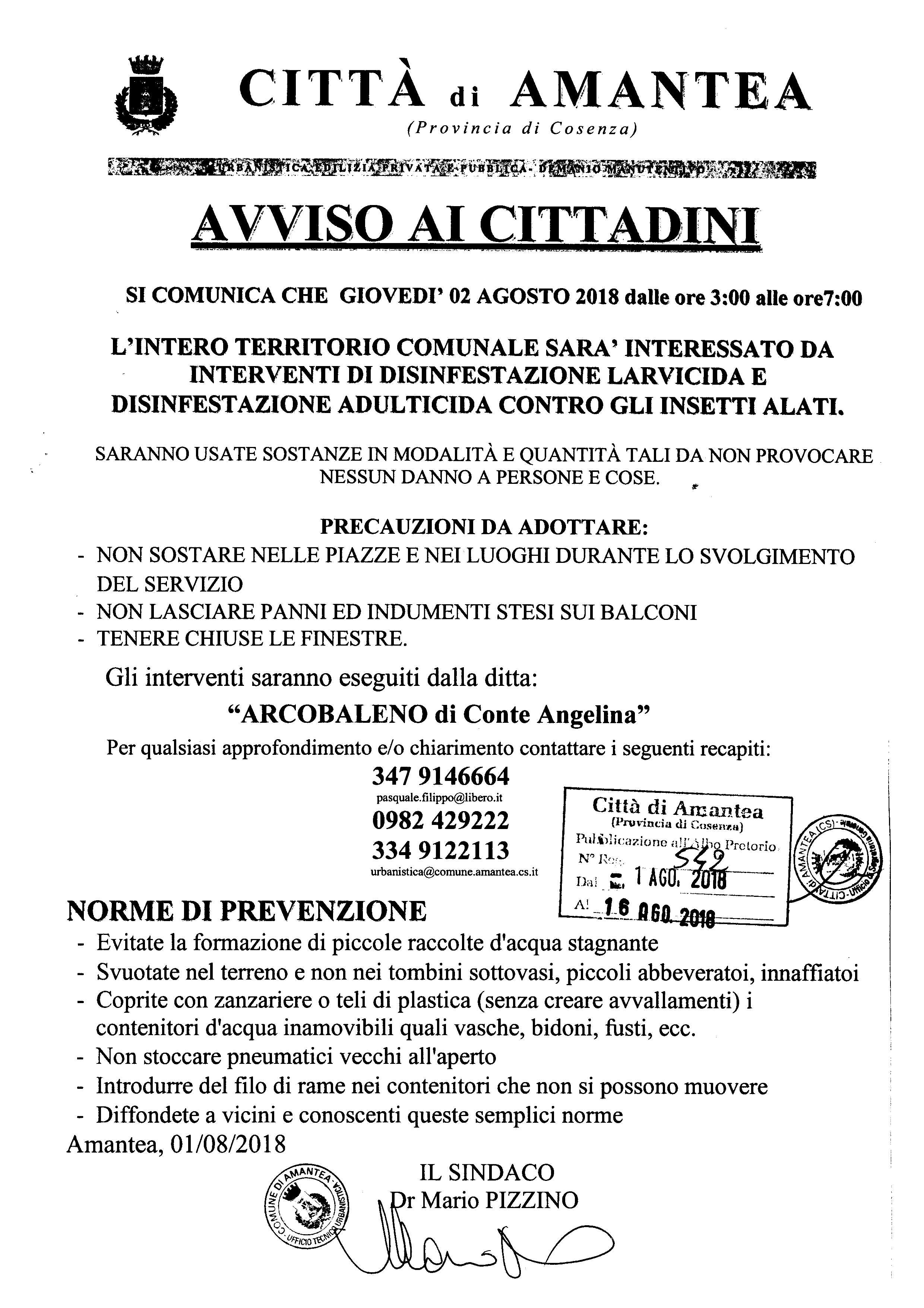 Avviso disinfestazione giorno 2 agosto 2018 dalle ore 03,00 alle ore 07,00