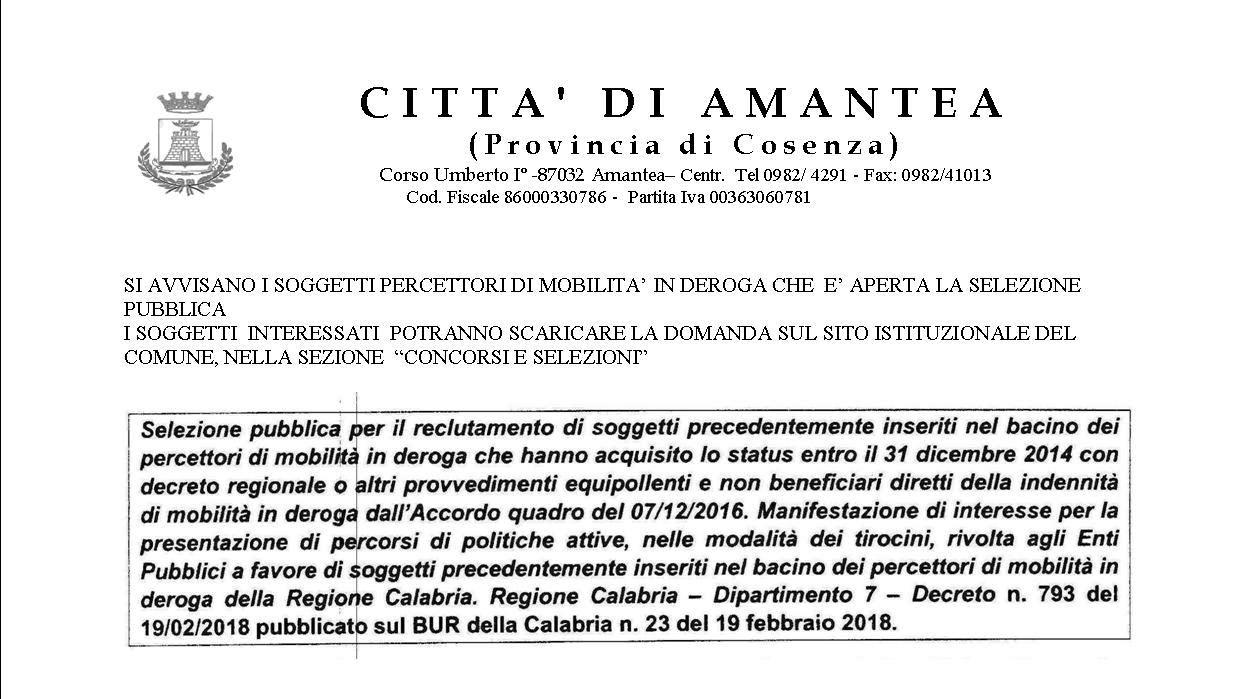 Pubblicazione selezione reclutamento soggetti percettori di mobilità in deroga