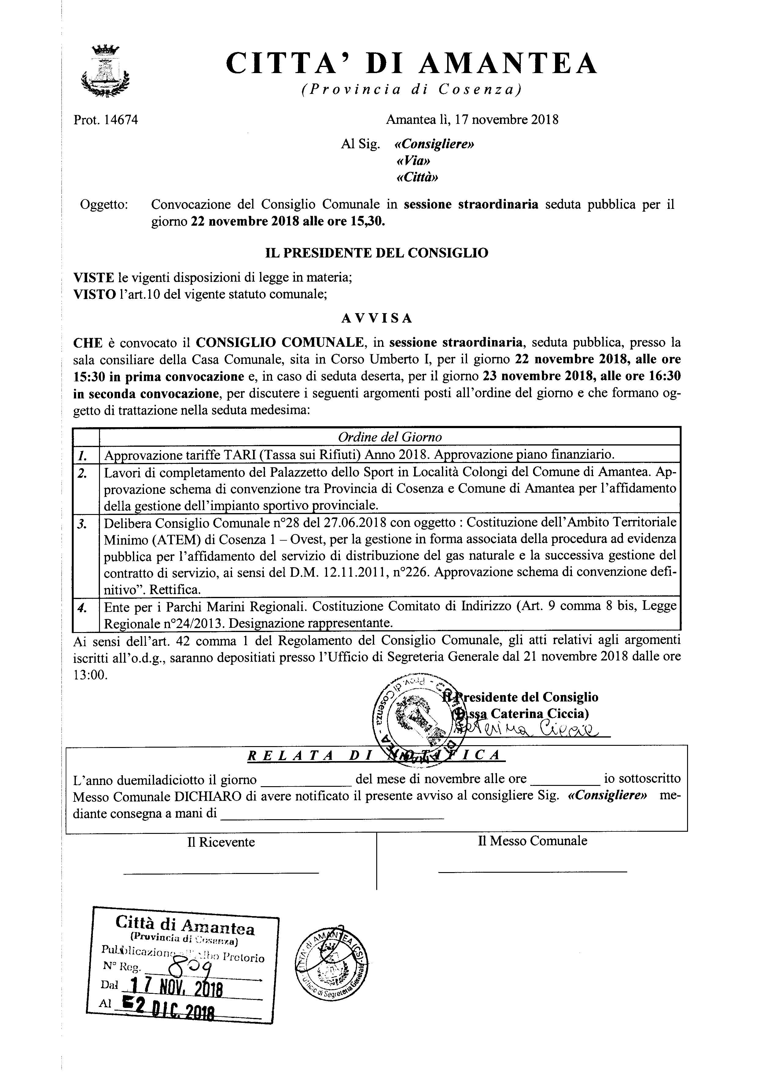 Convocazione Consiglio Comunale straordinario gg. 22 novembre 2018 ore 15.30
