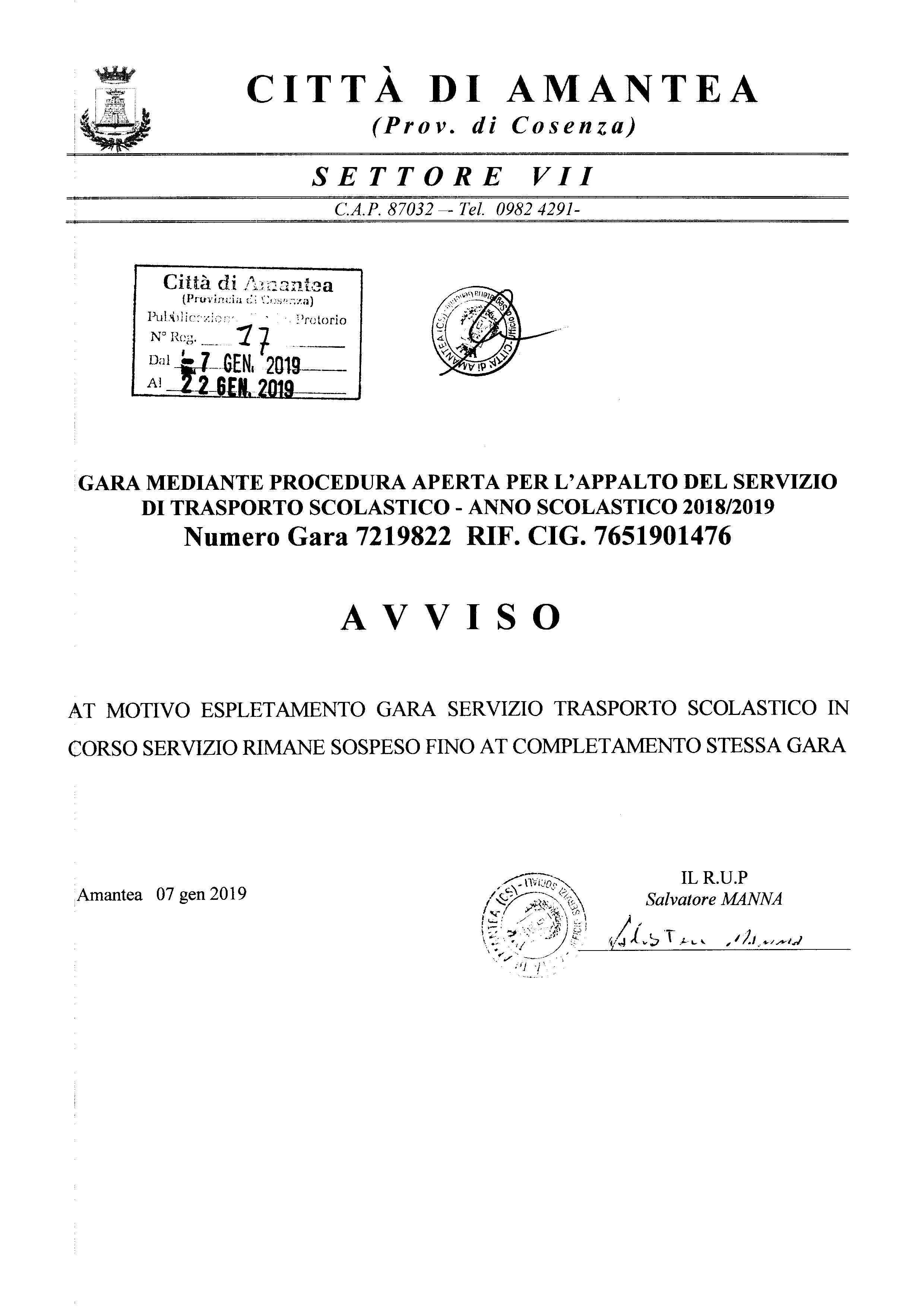 Avviso di Sospensione Gara mediante procedura aperta appalto servizio trasporto scolastico Anno Scolastico 2018/2019