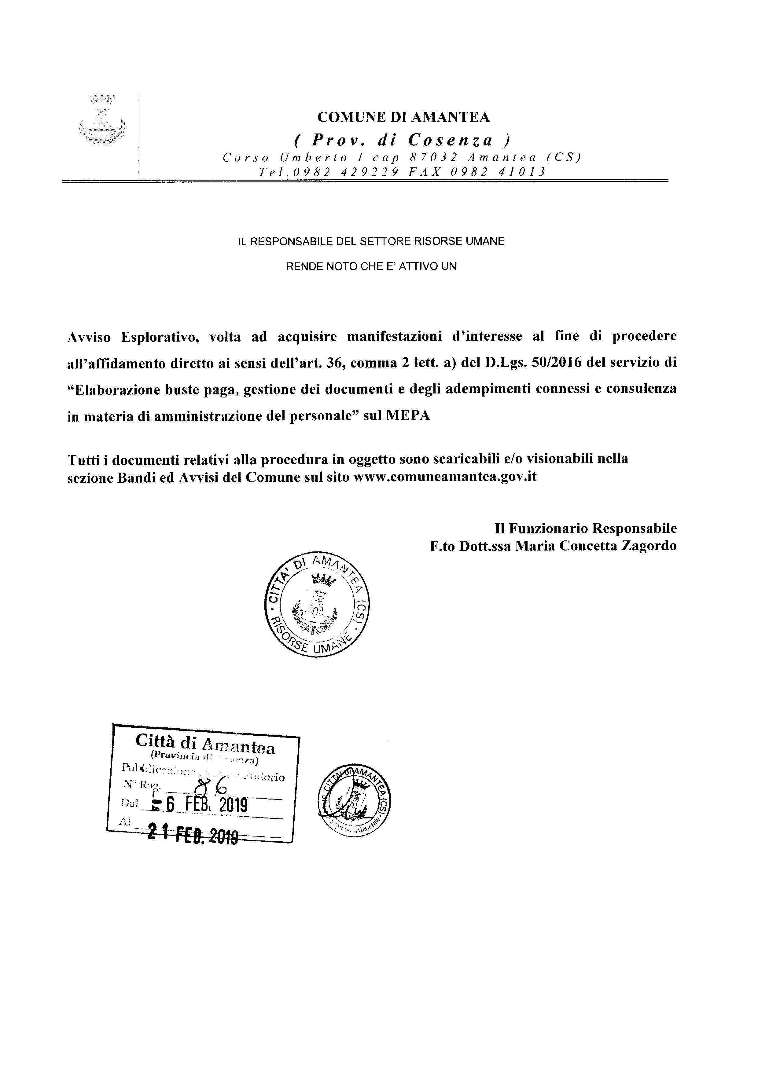 Avviso esplorativo affidamento elaborazione buste paga
