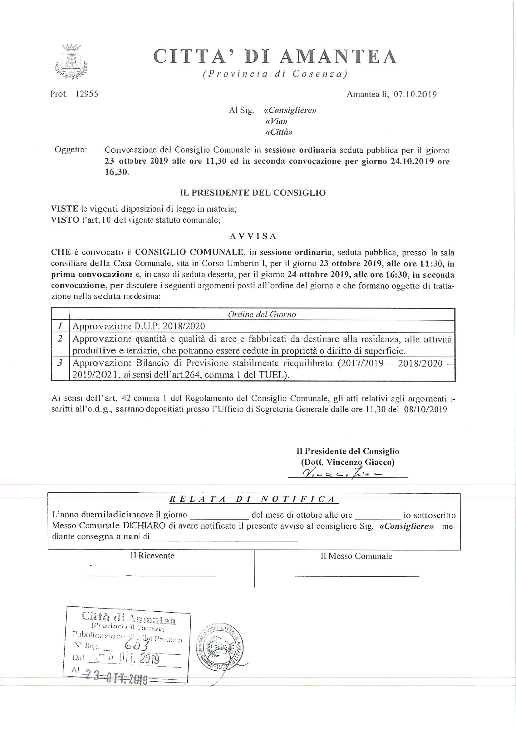 Convocazione Consiglio Comunale del 23.10.2019 ore 11.30
